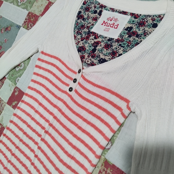 Mudd Junior's Ribbed V Neck Cotton Striped Sweater White & Orange Size Large - Picture 6 of 9